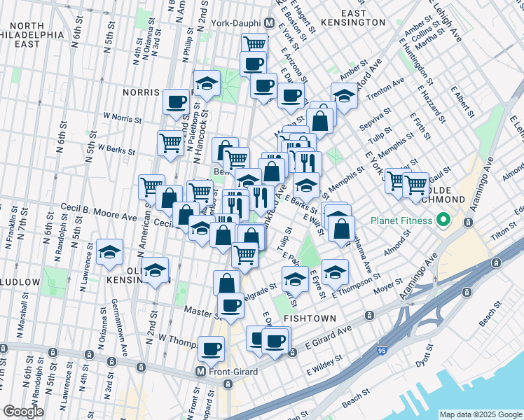 map of restaurants, bars, coffee shops, grocery stores, and more near 12 East Montgomery Avenue in Philadelphia