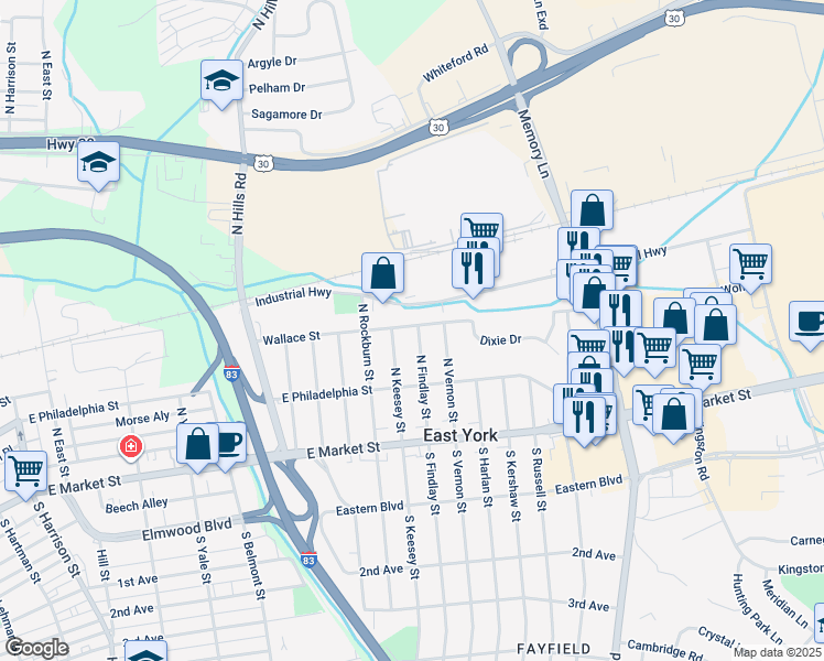 map of restaurants, bars, coffee shops, grocery stores, and more near 144 North Findlay Street in East York