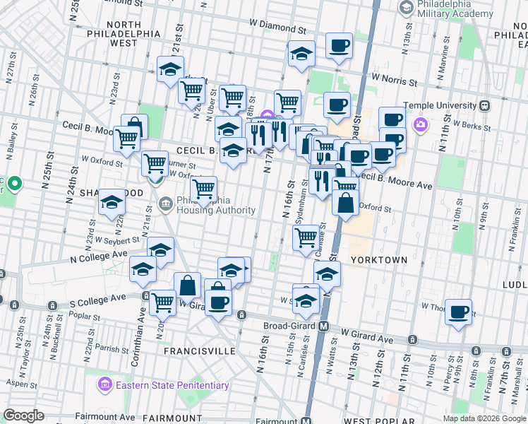 map of restaurants, bars, coffee shops, grocery stores, and more near 1509 North 17th Street in Philadelphia
