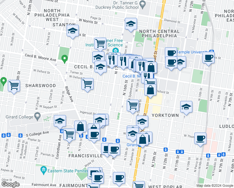map of restaurants, bars, coffee shops, grocery stores, and more near 1514 North Willington Street in Philadelphia