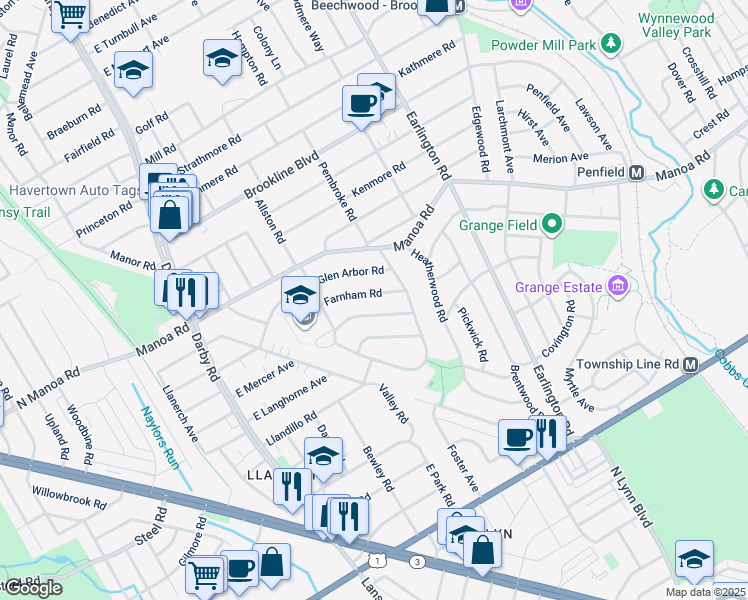 map of restaurants, bars, coffee shops, grocery stores, and more near 221 Farnham Road in Havertown