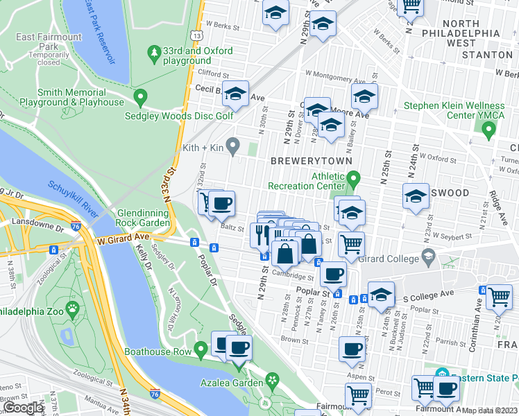 map of restaurants, bars, coffee shops, grocery stores, and more near 1315 North Myrtlewood Street in Philadelphia