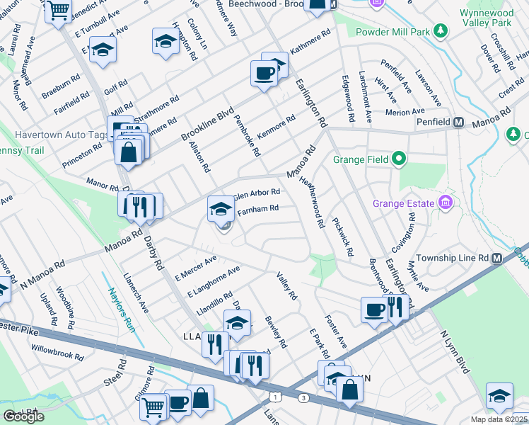 map of restaurants, bars, coffee shops, grocery stores, and more near 215 Farnham Road in Havertown