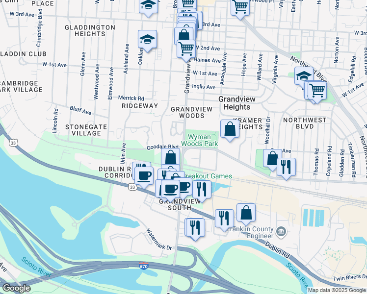 map of restaurants, bars, coffee shops, grocery stores, and more near 962 Grandview Avenue in Grandview Heights