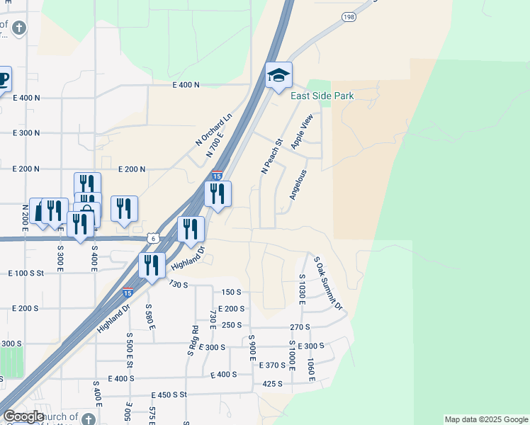 map of restaurants, bars, coffee shops, grocery stores, and more near 78 North Peach Street in Santaquin