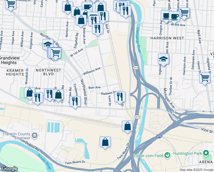 map of restaurants, bars, coffee shops, grocery stores, and more near Yard Street in Grandview Heights