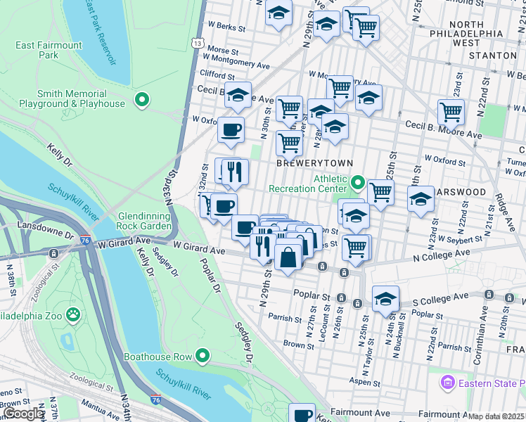 map of restaurants, bars, coffee shops, grocery stores, and more near 1315 North Myrtlewood Street in Philadelphia