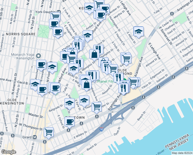 map of restaurants, bars, coffee shops, grocery stores, and more near 2232 Taggert Street in Philadelphia