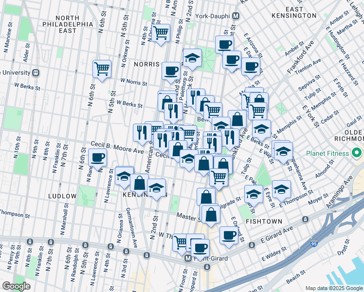 map of restaurants, bars, coffee shops, grocery stores, and more near 1727 North Hancock Street in Philadelphia