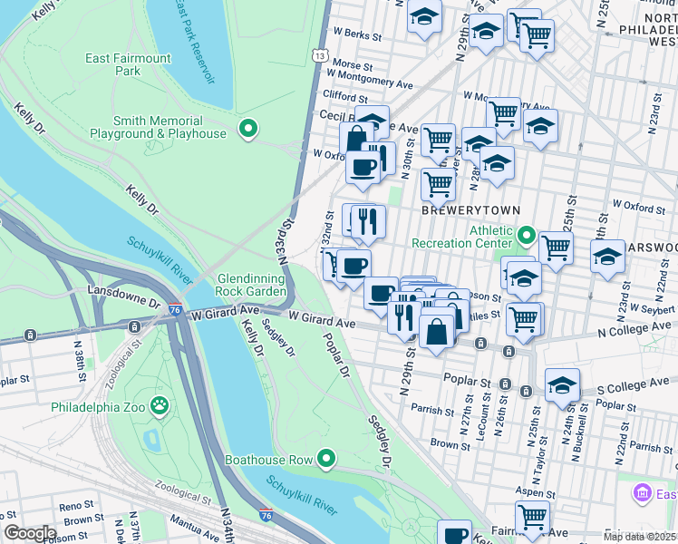 map of restaurants, bars, coffee shops, grocery stores, and more near 3147 West Thompson Street in Philadelphia