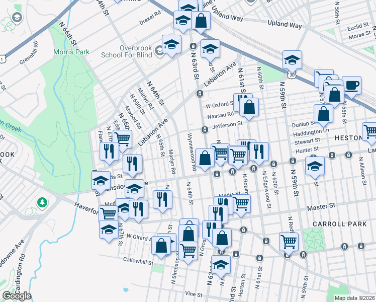 map of restaurants, bars, coffee shops, grocery stores, and more near 836 Wynnewood Road in Philadelphia