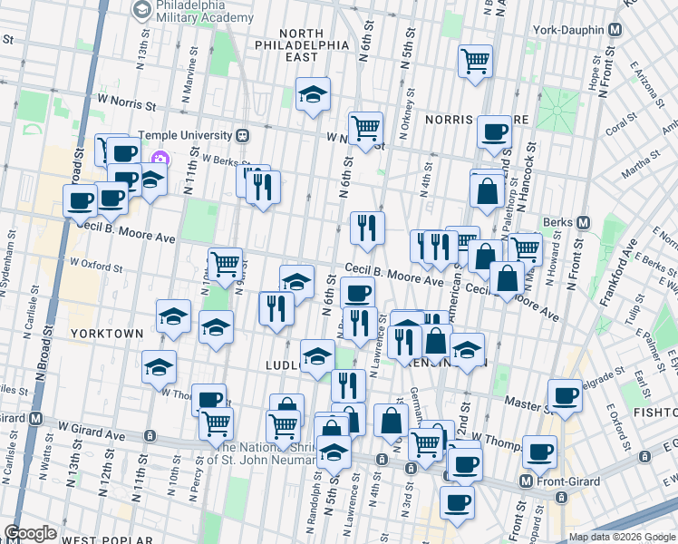 map of restaurants, bars, coffee shops, grocery stores, and more near 1636 North 6th Street in Philadelphia