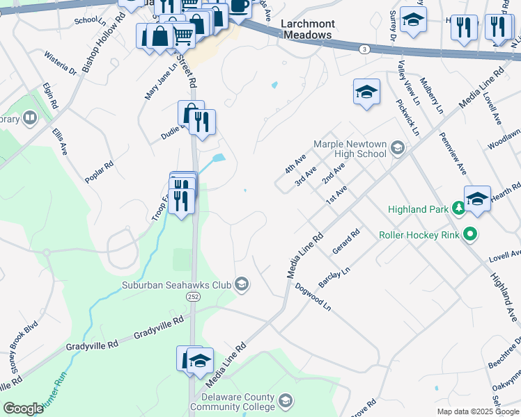 map of restaurants, bars, coffee shops, grocery stores, and more near 3569 Muirwood Drive in Newtown Square