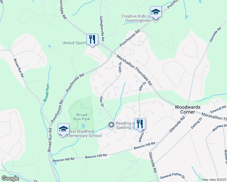 map of restaurants, bars, coffee shops, grocery stores, and more near 1606 Russell Drive in Downingtown