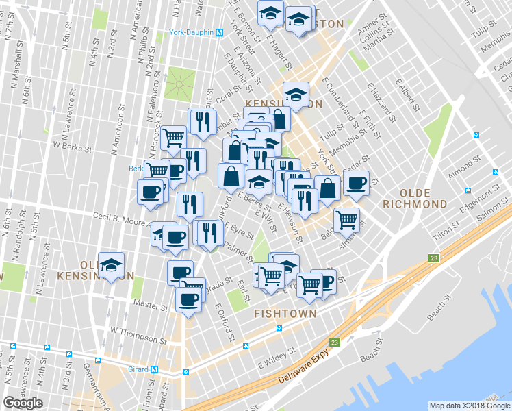map of restaurants, bars, coffee shops, grocery stores, and more near 1620 East Berks Street in Philadelphia