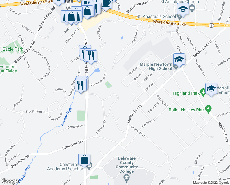 map of restaurants, bars, coffee shops, grocery stores, and more near 3571 Muirwood Drive in Newtown Square