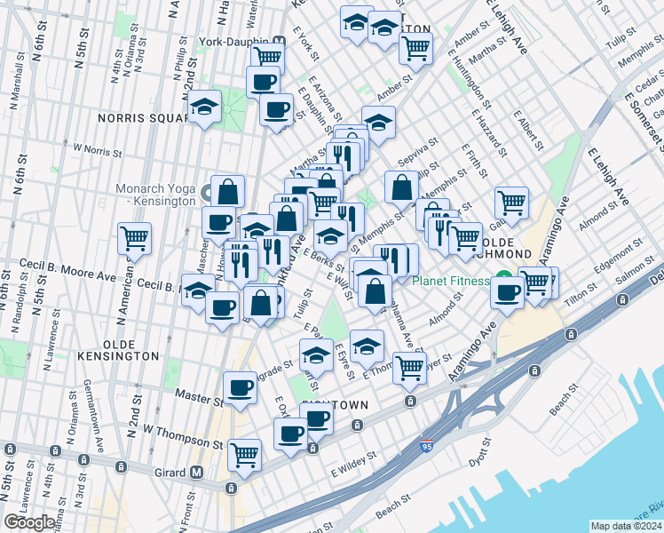 map of restaurants, bars, coffee shops, grocery stores, and more near 1608 East Berks Street in Philadelphia