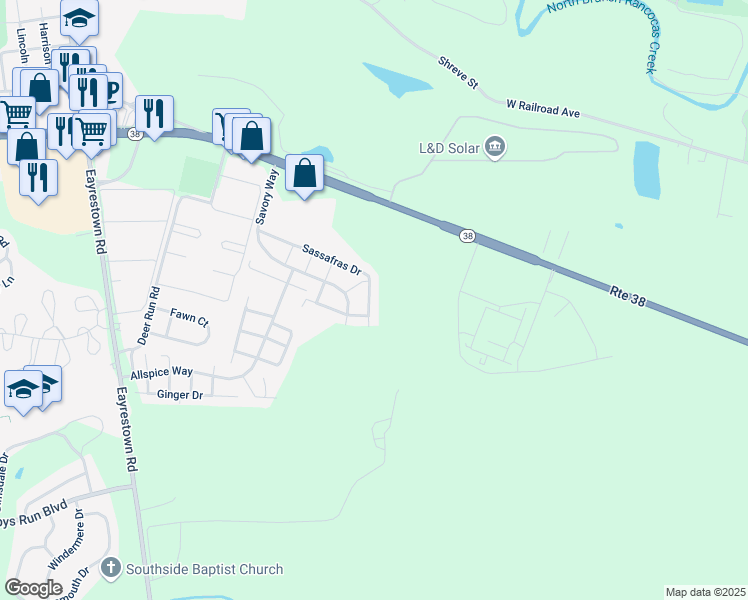 map of restaurants, bars, coffee shops, grocery stores, and more near 103 Sassafras Drive in Lumberton Township