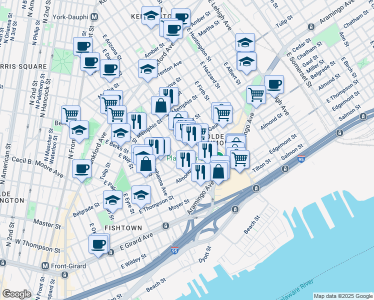 map of restaurants, bars, coffee shops, grocery stores, and more near 2506 East York Street in Philadelphia