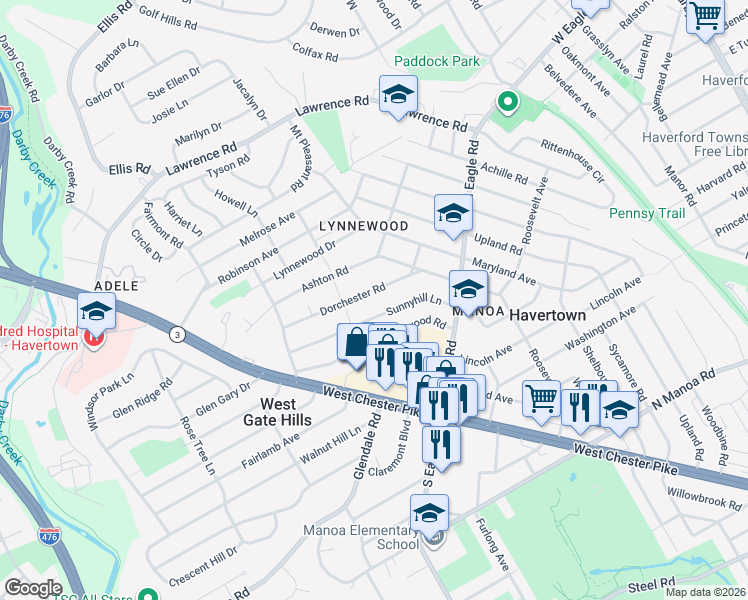 map of restaurants, bars, coffee shops, grocery stores, and more near 1428 Sunnyhill Lane in Havertown