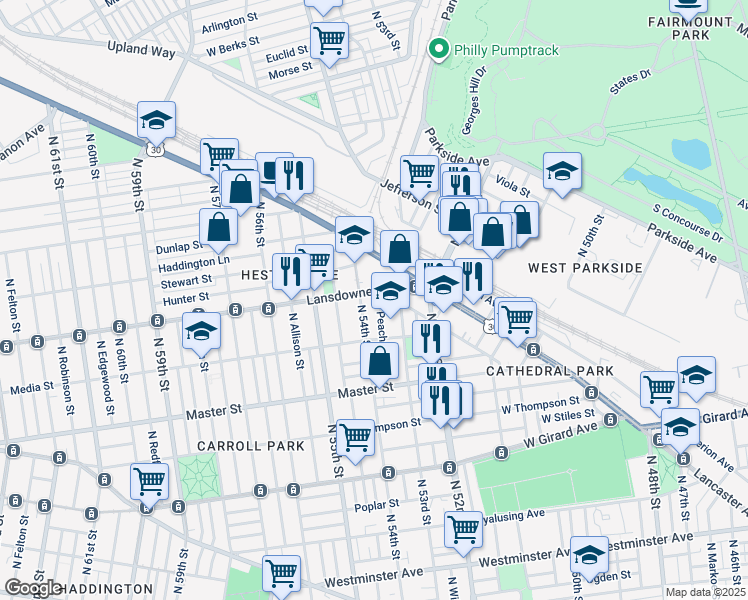 map of restaurants, bars, coffee shops, grocery stores, and more near 1529 North 54th Street in Philadelphia