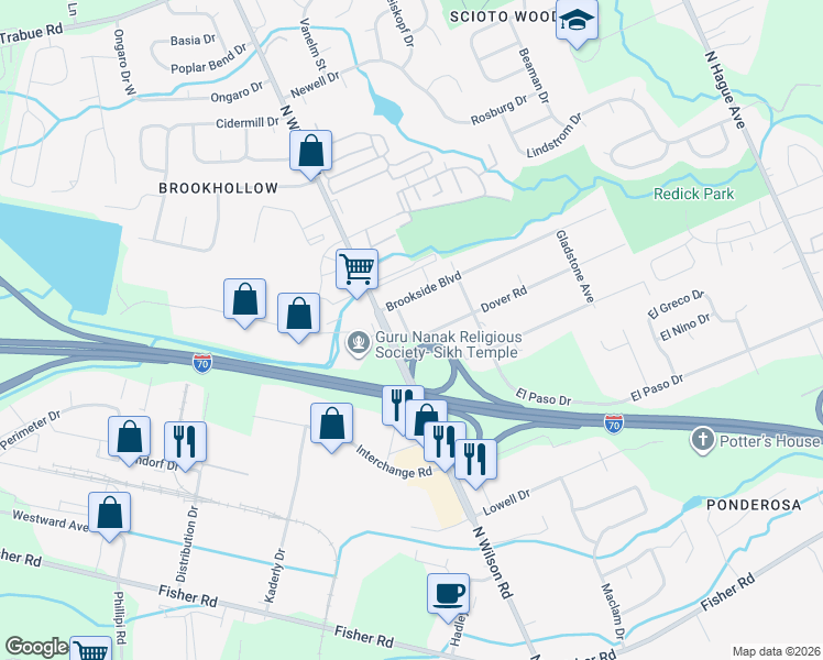 map of restaurants, bars, coffee shops, grocery stores, and more near 3570 Dover Road in Columbus