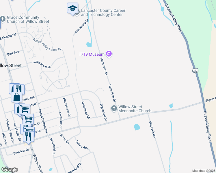map of restaurants, bars, coffee shops, grocery stores, and more near 1934 Hans Herr Drive in Willow Street