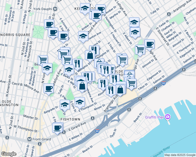 map of restaurants, bars, coffee shops, grocery stores, and more near 2308 Gaul Street in Philadelphia
