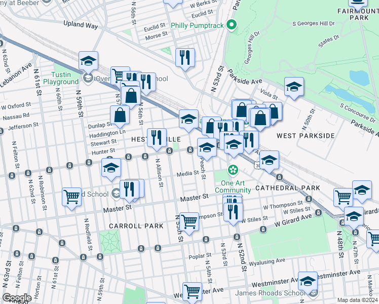 map of restaurants, bars, coffee shops, grocery stores, and more near 5400 Lansdowne Avenue in Philadelphia