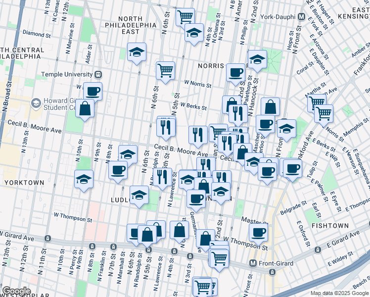 map of restaurants, bars, coffee shops, grocery stores, and more near 1655 Germantown Avenue in Philadelphia