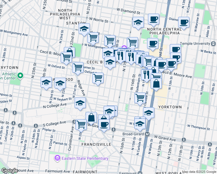 map of restaurants, bars, coffee shops, grocery stores, and more near 1502 North 18th Street in Philadelphia