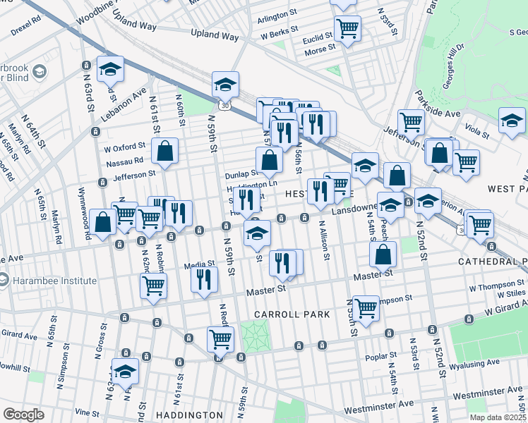 map of restaurants, bars, coffee shops, grocery stores, and more near 5724 Hunter Street in Philadelphia