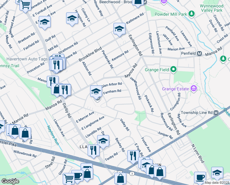 map of restaurants, bars, coffee shops, grocery stores, and more near 215 Farnham Road in Havertown