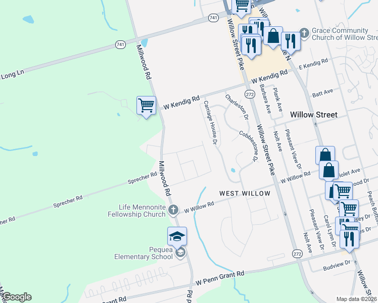 map of restaurants, bars, coffee shops, grocery stores, and more near 44 Hamels Court in Willow Street