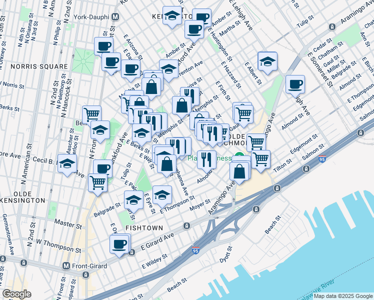map of restaurants, bars, coffee shops, grocery stores, and more near 2236 Taggert Street in Philadelphia