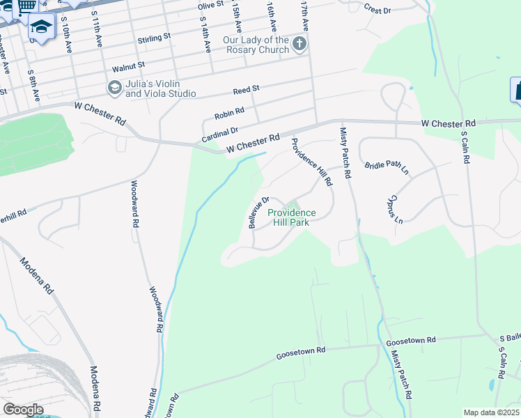 map of restaurants, bars, coffee shops, grocery stores, and more near 112 Bellevue Drive in Coatesville