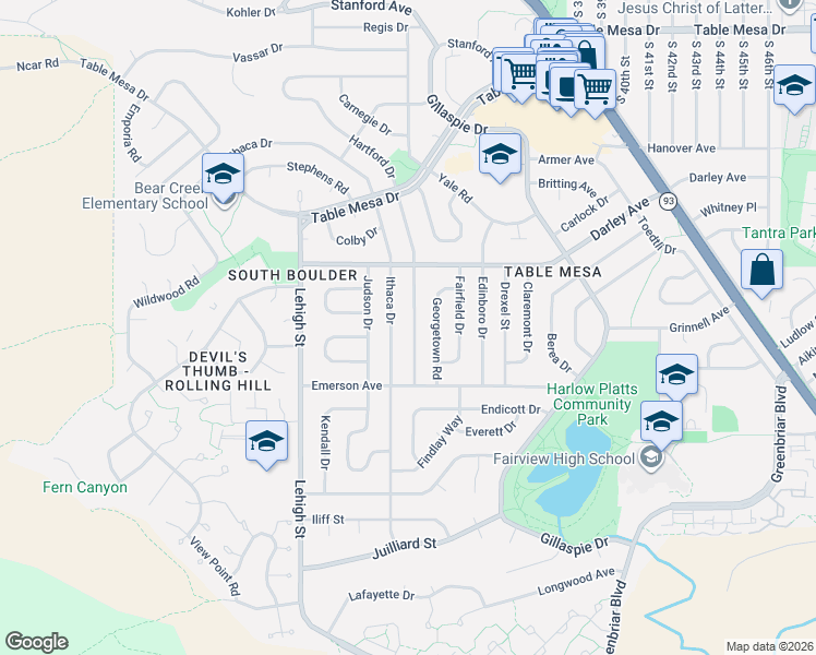 map of restaurants, bars, coffee shops, grocery stores, and more near 1265 Hartford Drive in Boulder