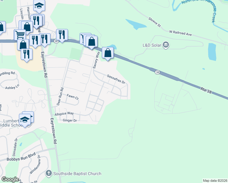 map of restaurants, bars, coffee shops, grocery stores, and more near 24 Peppermint Drive in Lumberton