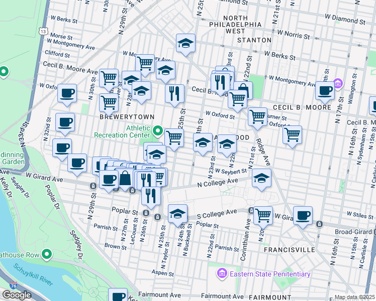 map of restaurants, bars, coffee shops, grocery stores, and more near 2438 Harlan Street in Philadelphia