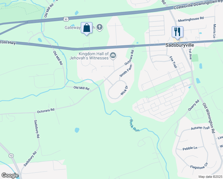 map of restaurants, bars, coffee shops, grocery stores, and more near 10 Wick Drive in Parkesburg