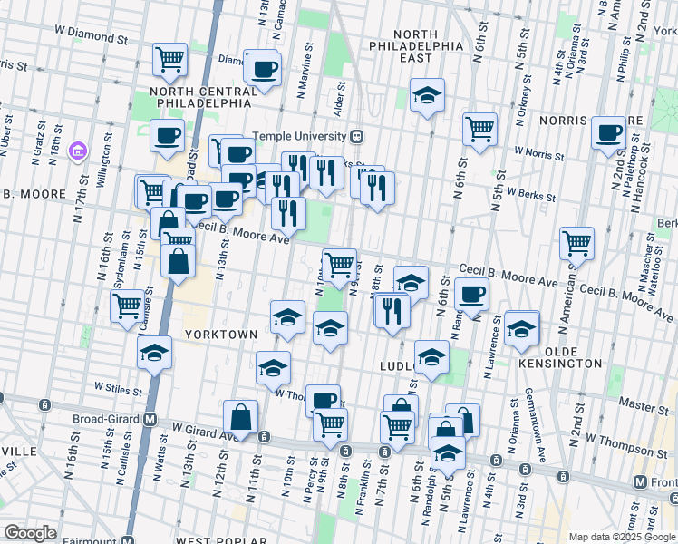 map of restaurants, bars, coffee shops, grocery stores, and more near 926 Turner Street in Philadelphia
