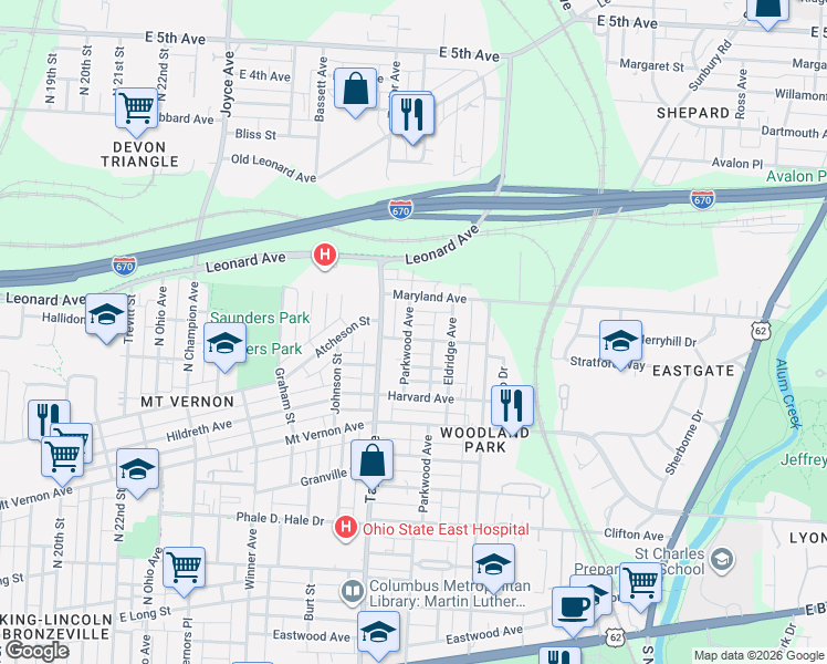 map of restaurants, bars, coffee shops, grocery stores, and more near 1610 Emerald Avenue in Columbus