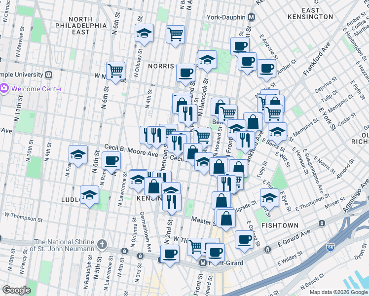 map of restaurants, bars, coffee shops, grocery stores, and more near in Philadelphia
