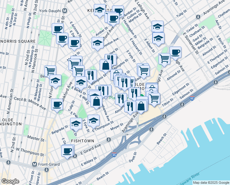 map of restaurants, bars, coffee shops, grocery stores, and more near 2308 Gaul Street in Philadelphia