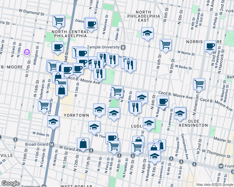 map of restaurants, bars, coffee shops, grocery stores, and more near 926 Turner Street in Philadelphia