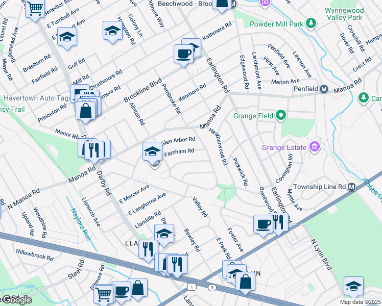 map of restaurants, bars, coffee shops, grocery stores, and more near 221 Farnham Road in Havertown