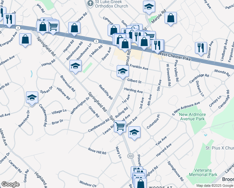 map of restaurants, bars, coffee shops, grocery stores, and more near 132 South Sproul Road in Broomall