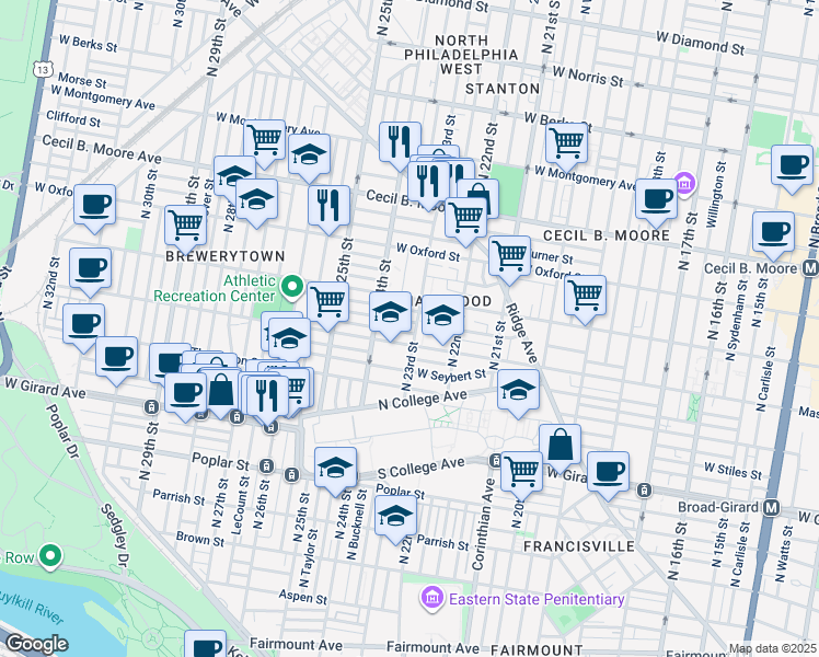 map of restaurants, bars, coffee shops, grocery stores, and more near 2321 Harlan Street in Philadelphia