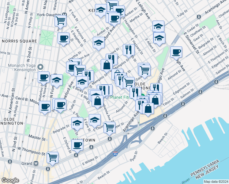 map of restaurants, bars, coffee shops, grocery stores, and more near 2447 East Dauphin Street in Philadelphia