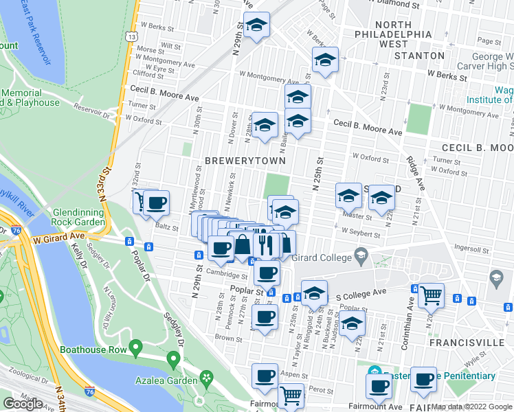 map of restaurants, bars, coffee shops, grocery stores, and more near 1342 North 27th Street in Philadelphia